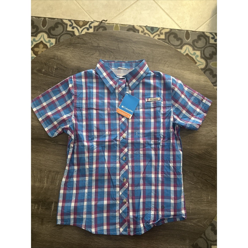 Columbia PFG Boys Youth Vented Short Sleeve Button Up Shirt Blue Plaid L